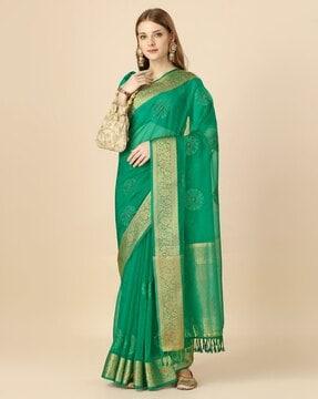 women floral woven organza silk saree with tassels