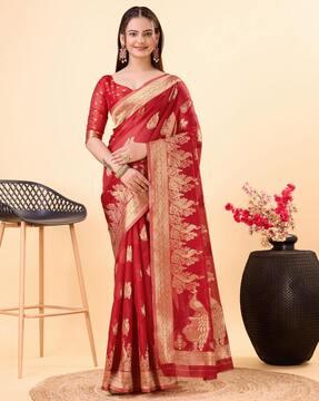 women floral woven organza silk saree