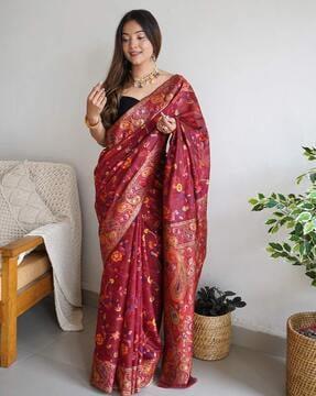 women floral woven pashmina saree