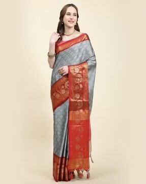 women floral woven saree with contrast border