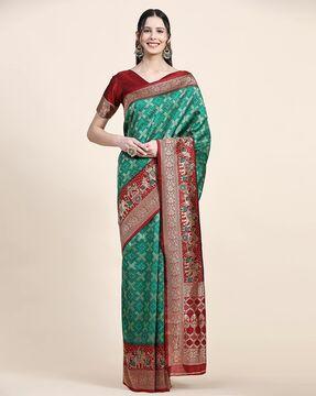 women floral woven saree with contrast border