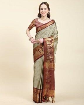 women floral woven saree with contrast border