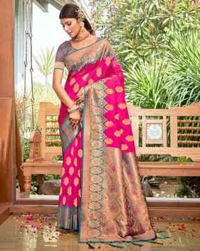 women floral woven saree with contrast border