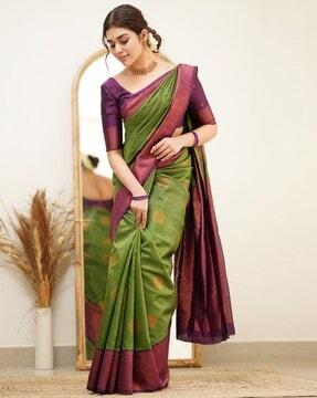 women floral woven saree with contrast border