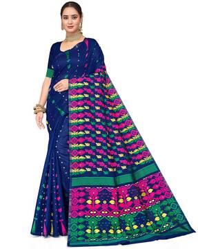 women floral woven saree with contrast pallu