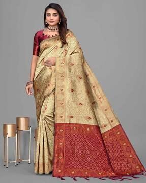women floral woven saree with tassels & unstitched blouse piece