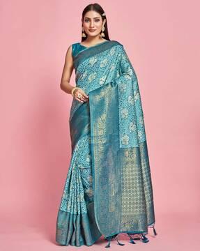 women floral woven saree with tassels