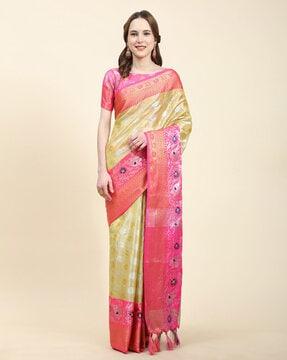 women floral woven saree with tassels