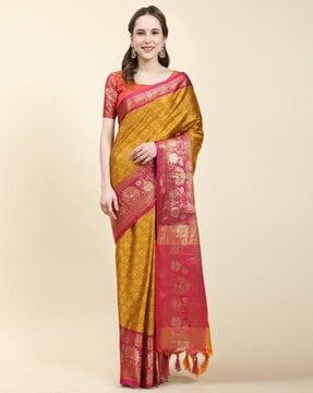 women floral woven saree with tassels