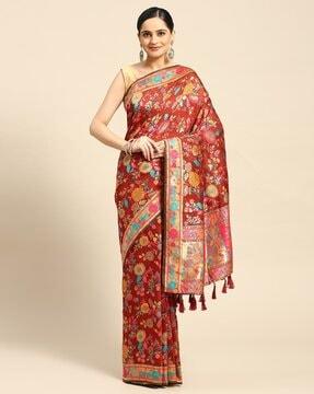 women floral woven saree with tassels