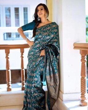 women floral woven saree with unstitched blouse piece