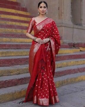 women floral woven silk saree with tassels