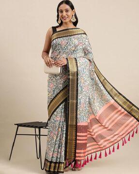 women floral woven silk saree with tassels