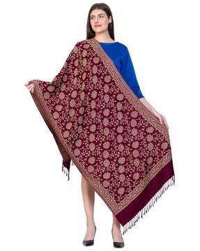 women floral woven stole with fringes