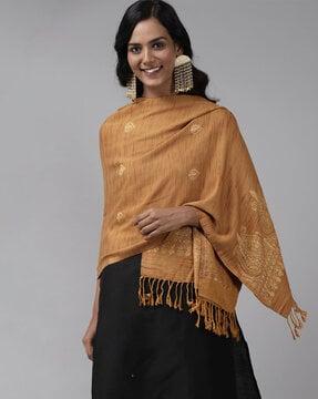 women floral woven stole with tassels