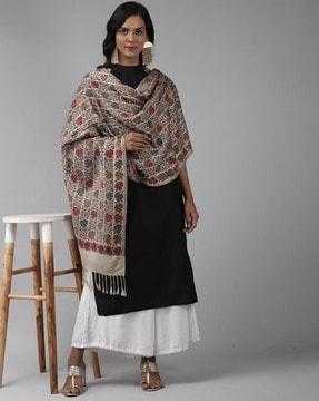 women floral woven stole with tassels