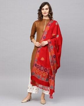 women floral woven stole with tassels