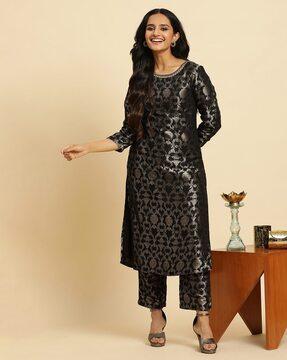 women floral woven straight kurta & pants set