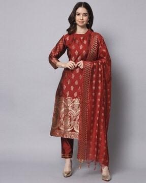 women floral woven straight kurta set with dupatta