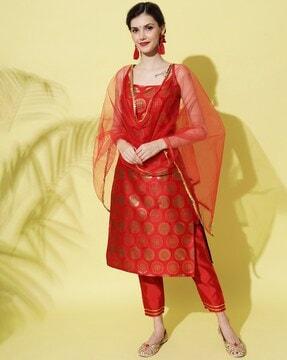 women floral woven straight kurta set with dupatta