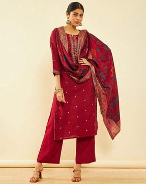 women floral woven straight kurta suit set