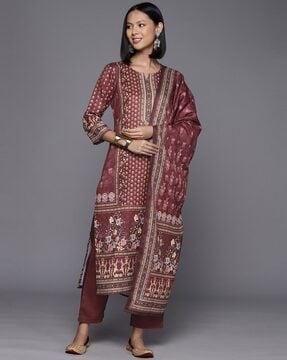 women floral woven straight kurta suit set