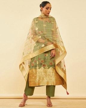 women floral woven straight kurta with palazzos & dupatta