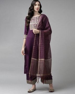 women floral woven straight kurta with palazzos & dupatta