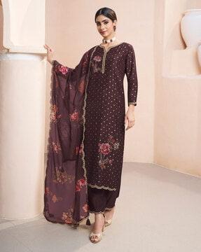 women floral woven straight kurta with pants & dupatta