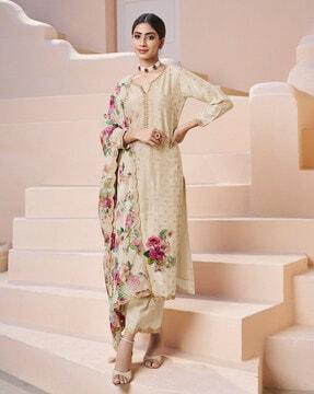 women floral woven straight kurta with pants & dupatta