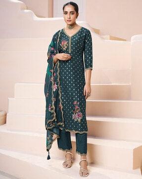 women floral woven straight kurta with pants & dupatta