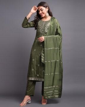 women floral woven straight kurta with pants & dupatta