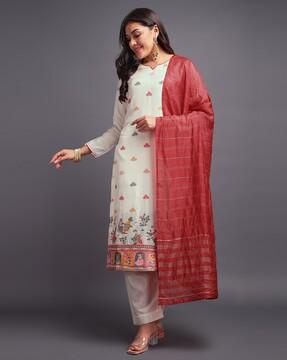 women floral woven straight kurta with pants & dupatta