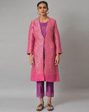 women floral woven straight kurta with pants & jacket