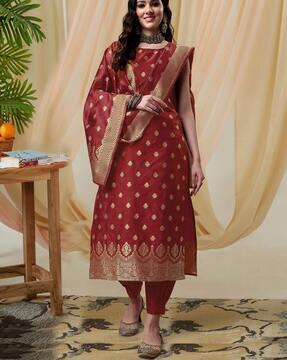 women floral woven straight kurta with patiala & dupatta