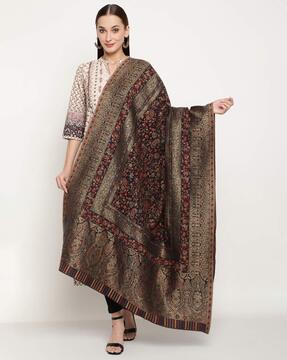 women floral woven woolen shawl