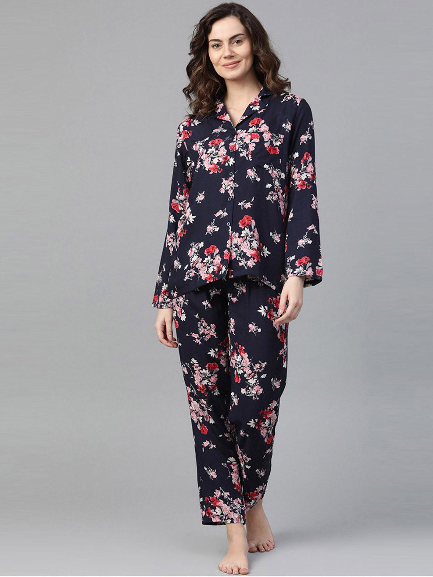 women flower print night suit - blue