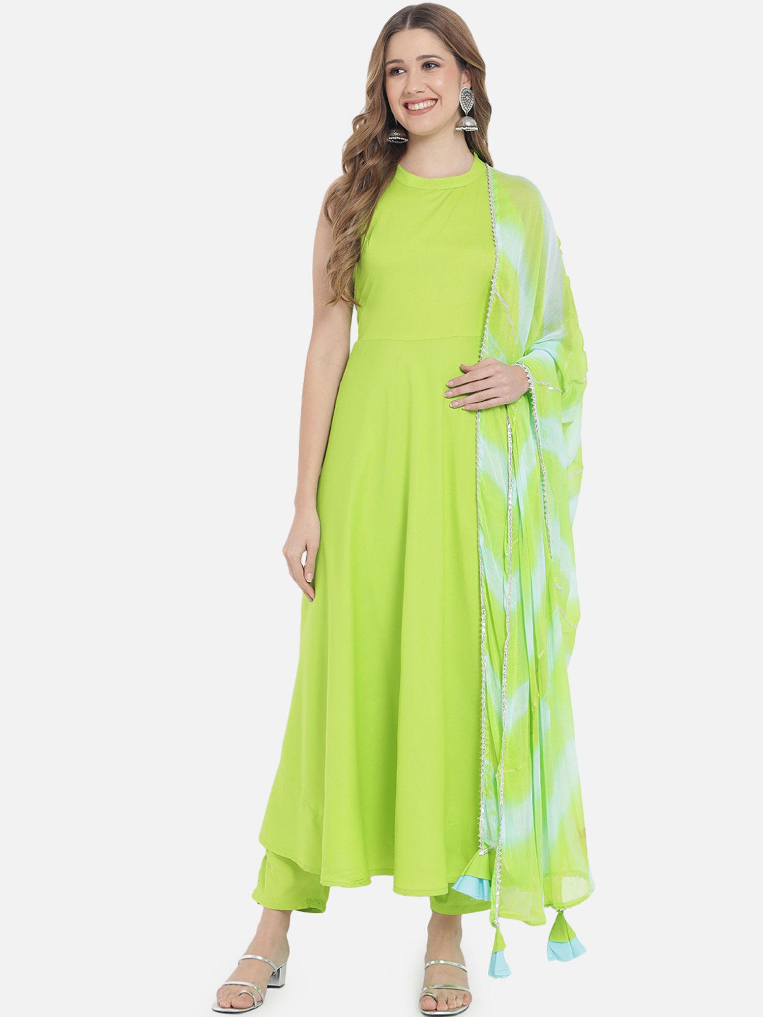 women fluorescent green pleated kurta with trousers & with dupatta (set of 3)