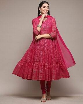 women foil print anarkali kurta suit set