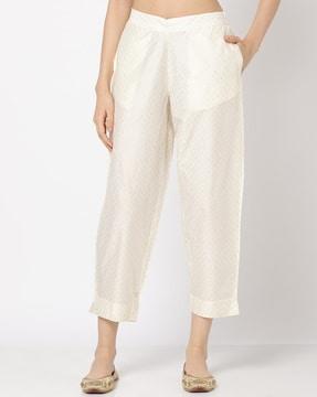 women foil print pants with semi-elasticated waist