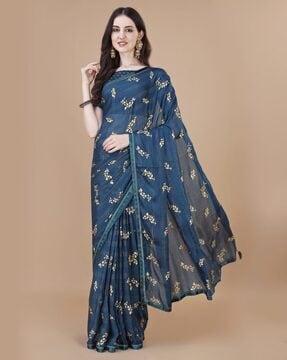women foil print saree with contrast border