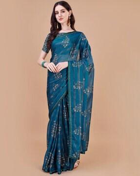 women foil print saree with contrast border