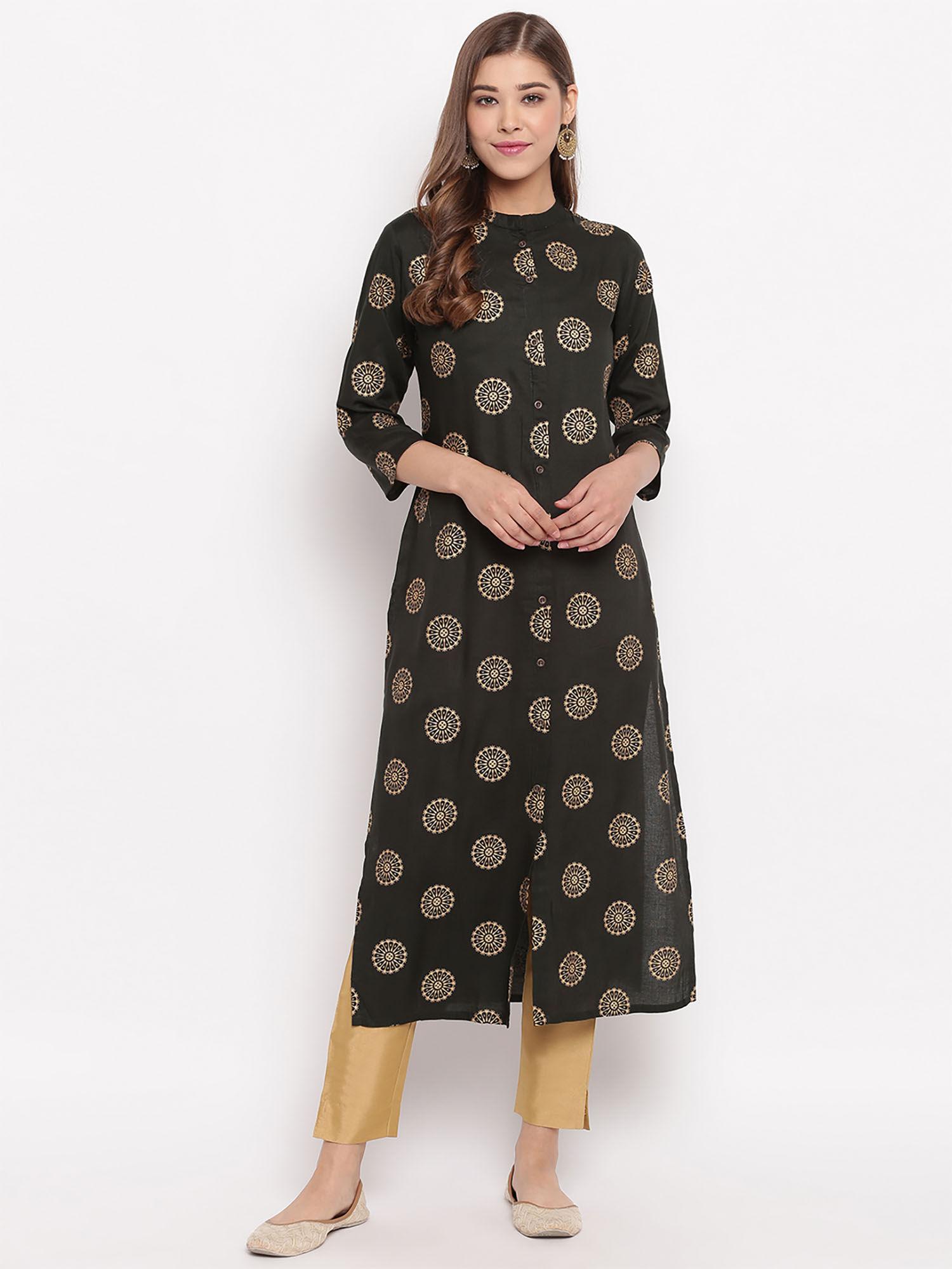 women foil print straight cotton dark green kurti