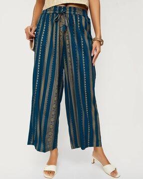 women foil print straight fit palazzos