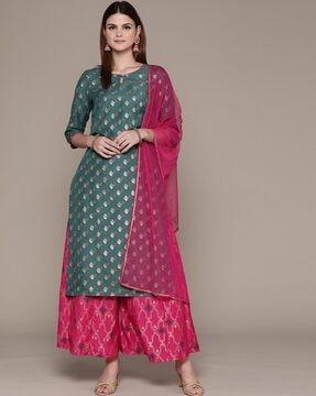 women foil print straight kurta with palazzos & dupatta set