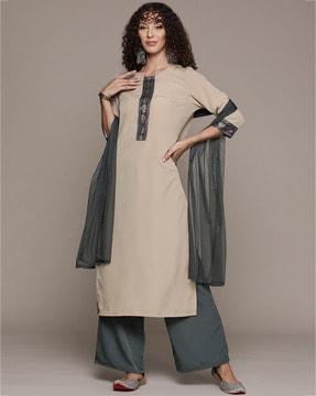 women foil print straight kurta with palazzos & dupatta set