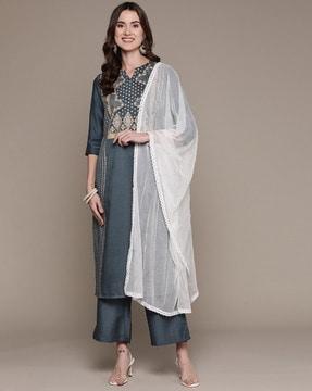 women foil print straight kurta with palazzos & dupatta set