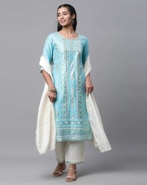 women foil print straight kurta with palazzos & dupatta