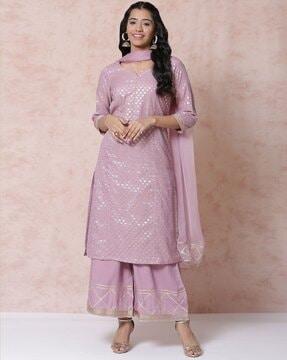 women foil print straight kurta with palazzos & dupatta