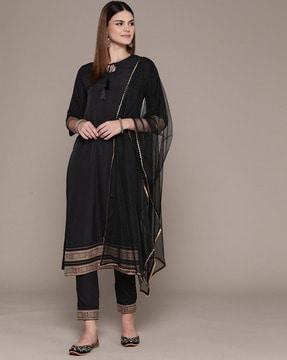 women foil print straight kurta with pants & dupatta set